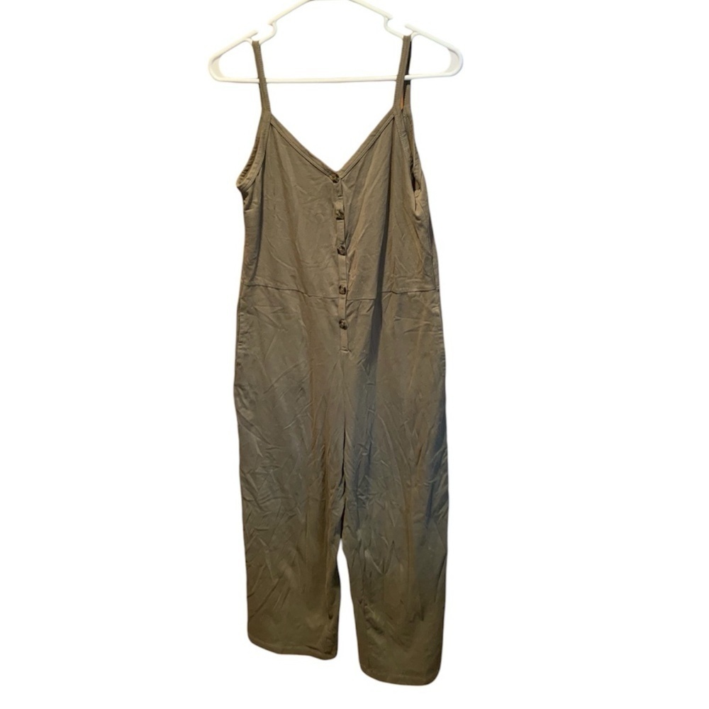 Sanctuary Button Front Jersey Knit V-neck Jumpsuit in Olive Green Small